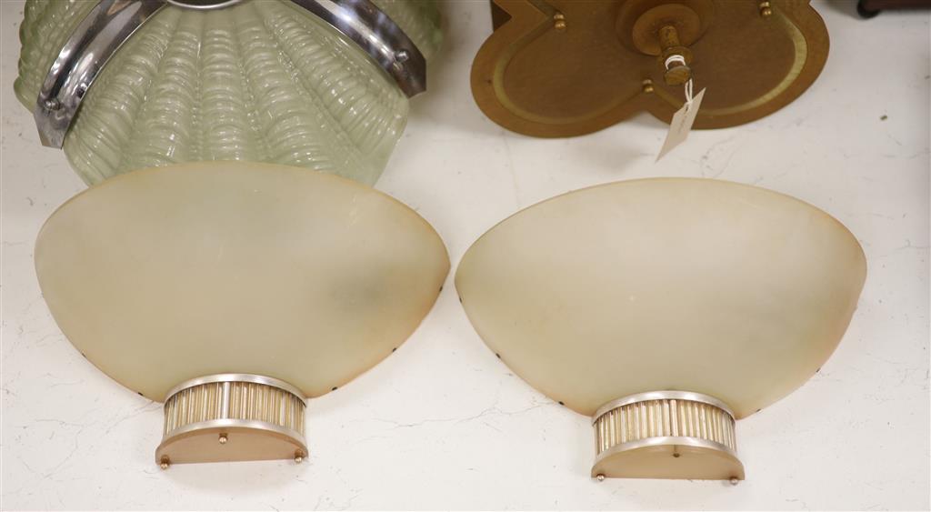 A pair of Art Deco style wall lights, a pair of similar shell plaffoniers and a hanging light